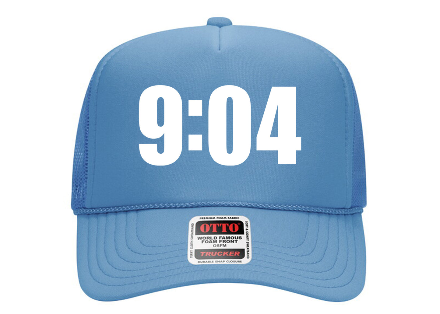 9:04 Hat Carolina Blue on White Trucker Hat