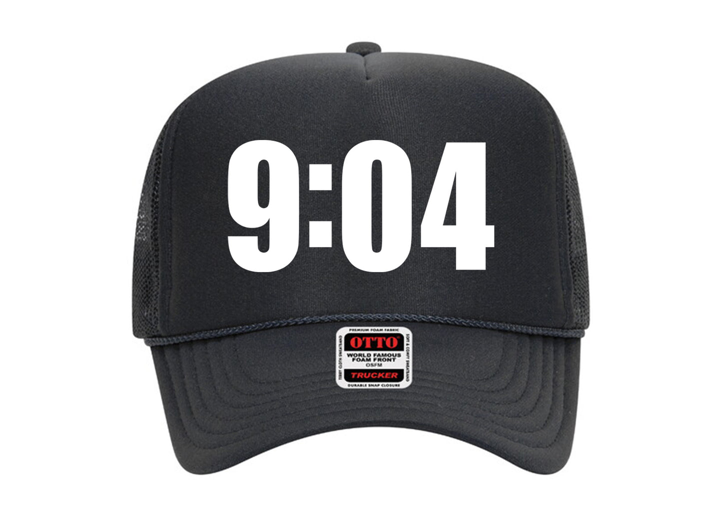 9:04 Hat Charcoal Gray on White Trucker Hat
