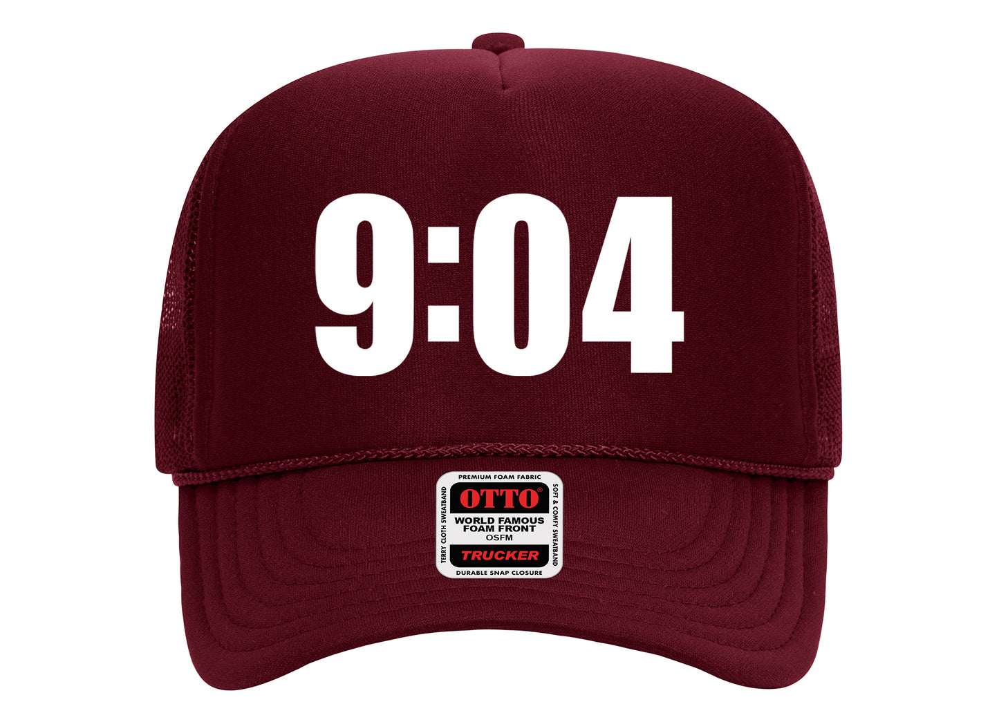 9:04 Hat Maroon on White Trucker Hat
