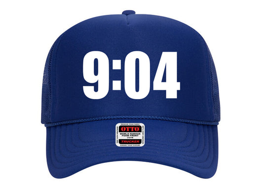 9:04 Hat Royal Blue on White Trucker Hat